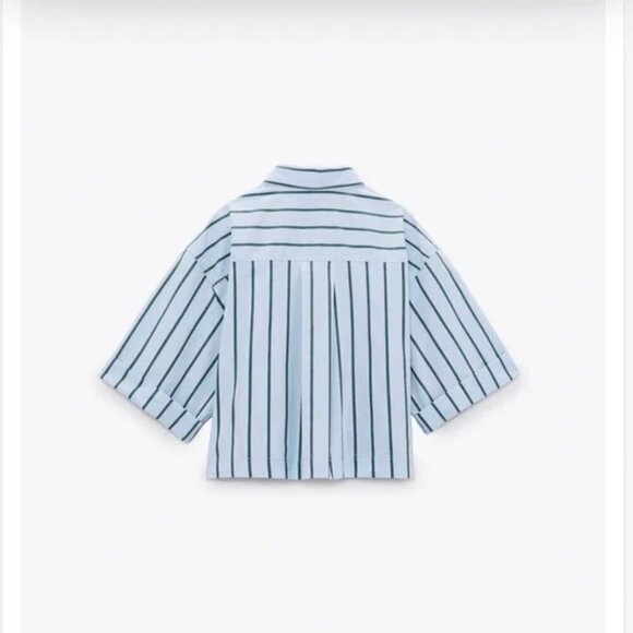ZARA Light Blue Short-Sleeve Striped Cropped Shirt -(Size Small) NWOT - Picture 3 of 8